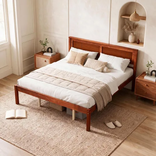 Vista 10 de KOMFOTT Base de cama de plataforma de madera de tamaño completo con cabecero, marco de cama de madera de mediados de siglo de 16 pulgadas con Marrón