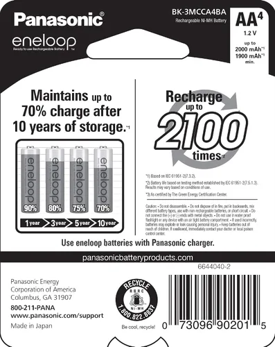 Vista 6 de Eneloop Panasonic BK-4MCCA12FA AAA 2100 Ciclo Ni-MH Baterías recargables precargadas y baterías recargables precargadas BK-3MCCA4BA AA 2100 ciclo