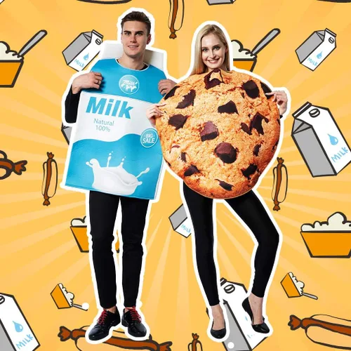 Vista 2 de Disfraz de pareja de galletas de comida de Halloween y caja de cartón de leche, disfraz de 2 piezas, Multi colorido