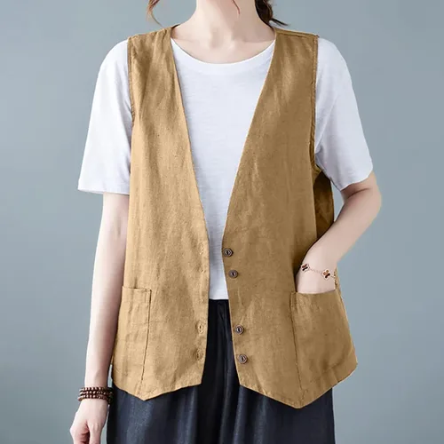 Vista 26 de COTECRAM Chaleco de lino de algodón para mujer, casual, sin mangas, con botones, ligero, para verano, holgado, ropa de abrigo
