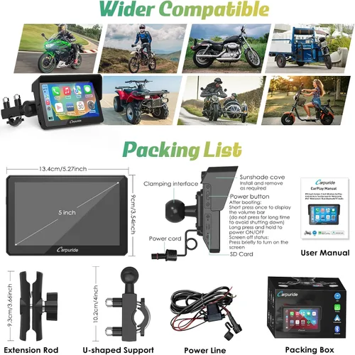 Vista 8 de Carpuride W502 motocicleta GPS inalámbrico portátil Carplay/Android Auto impermeable coche estéreo, 5 "IPS pantalla táctil con doble Bluetooth