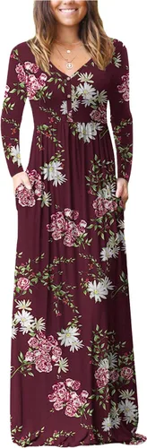 Vista 13 de GRECERELLE Vestido de manga larga con cuello en V para mujer, estilo casual, con botones, maxi, 2025, con bolsillos 01 Negro