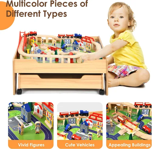 Vista 3 de HONEY JOY Mesa de tren, mesa de actividades de madera para niños con cajón de almacenamiento, 100 piezas multicolores, pistas, trenes, autos, juego