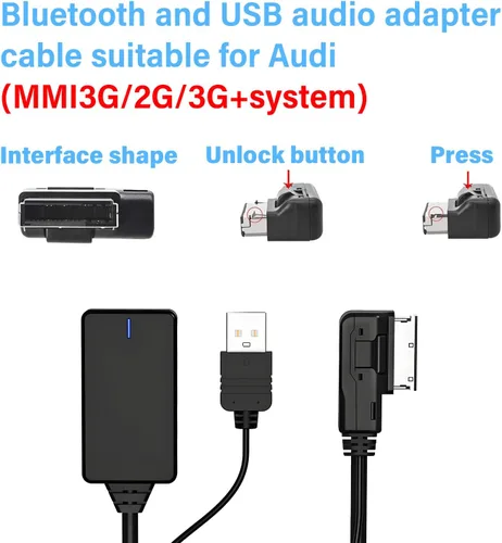 Vista 4 de Adaptador Bluetooth 5.0 Receptor de audio para Audi, AMI MMI Bluetooth Kits de coche Cable de interfaz de música, adaptador de cable de interfaz