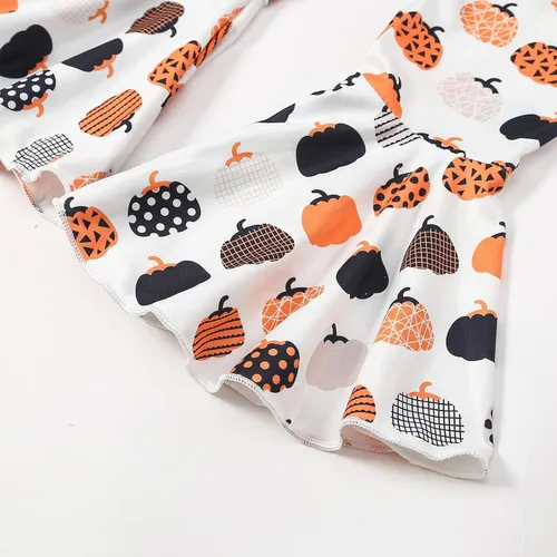 Vista 6 de Noubeau Trajes de Halloween para bebés y niñas pequeñas, con estampado de letras, manga acampanada, camisa de vestir linda calabaza con pantalones