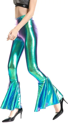 Vista 3 de Pantalones metálicos brillantes y ajustados con parte inferior acampanada para mujer, aspecto mojado, sirena, elásticos, de cintura alta, pantalones