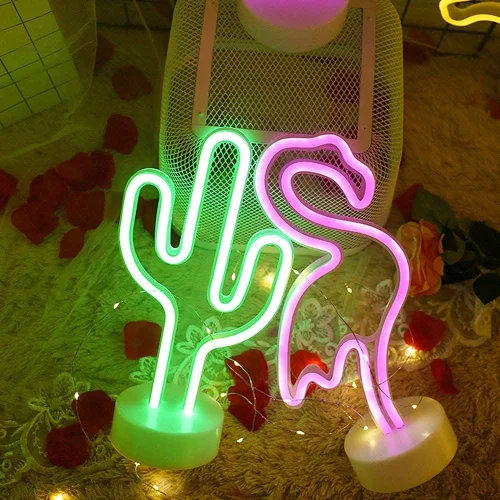 Vista 5 de LINJIA Letrero de neón, luz nocturna LED con base USB/batería, luces de neón de cactus con base, para decoración de dormitorio, sala de juegos, bar