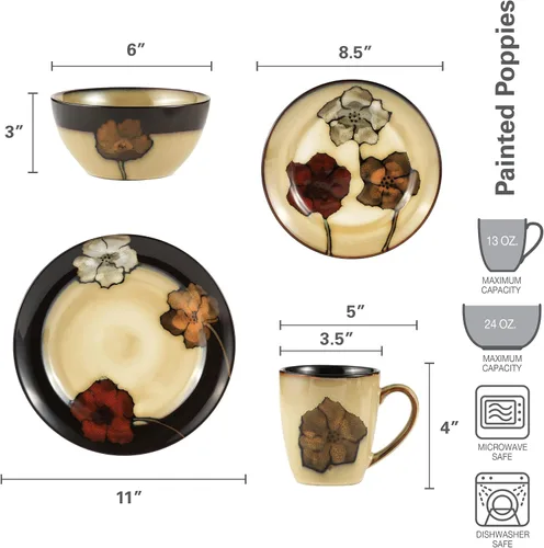 Vista 8 de Pfaltzgraff Painted Poppies - Juego de vajilla de 16 piezas, servicio para 4, platos coloridos de gres floral, cuencos y tazas, apto para microondas