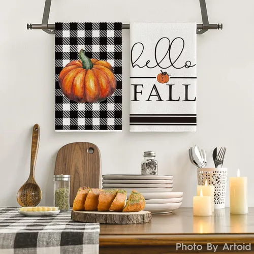 Vista 2 de Artoid Mode Juego de 2 toallas de cocina con diseño de calabaza, diseño de calabaza de búfalo, 18 x 26 pulgadas, decoración de temporada, juego de 2