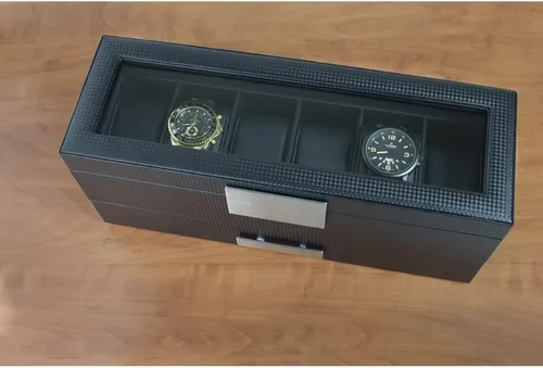 Vista 7 de Caja de reloj con cajón de Valet para hombre - organizador de exhibición de la caja de reloj de lujo de 6 ranuras, diseño de fibra de carbón
