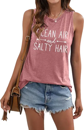 Vista 2 de Camiseta sin mangas de playa para mujer, diseño de mar y aire salado, divertido crucero de verano, sin mangas, para vacaciones familiares
