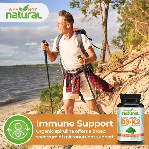 Vista 7 de Why Not Natural Vitamina D3 K2 (MK-7) con espirulina orgánica, suplemento extra fuerte de 10000 UI en cápsulas vegetales, apoya la salud ósea
