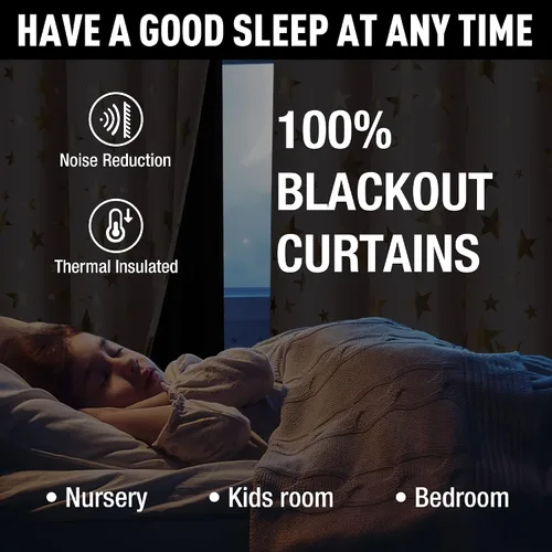 Vista 3 de Treatmentex Cortinas Blackout Completas Gold Star Negras para Dormitorio de Niños Varones, Paneles de Ventana con Acabado Metálico para Cuarto