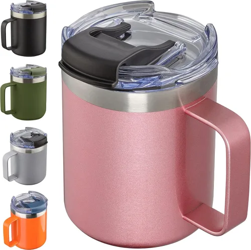 Vista 11 de Taza de café aislada de 12 onzas con asa, taza de café de viaje de acero inoxidable con tapa abatible, vaso de café de doble pared con aislamiento