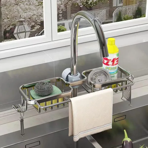 Vista 8 de Soporte de esponja para grifo, organizador para fregadero de cocina, bandeja colgante para drenaje de 1.8-2.8 cm de diámetro, organizador para Dorado