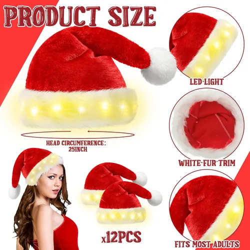 Vista 2 de Suhine 24 piezas de sombreros de Navidad con luz LED, color parpadeante, collares de bombilla de Navidad para adultos y niños, suministros de fiesta