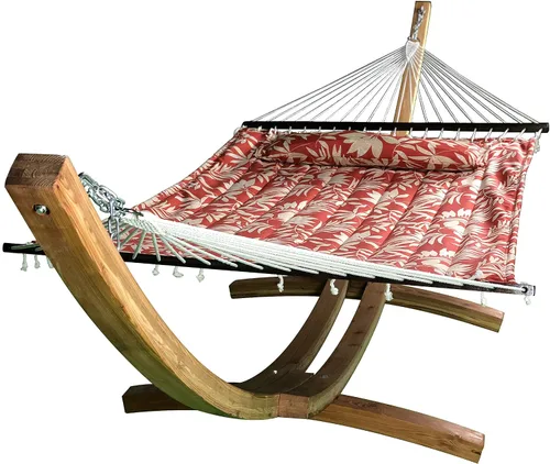 Vista 4 de Hamaca de arco de madera tratada con agua de 14 pies + cama hamaca acolchada de primera calidad, cama doble acolchada. Cama para 2 personas. Beige