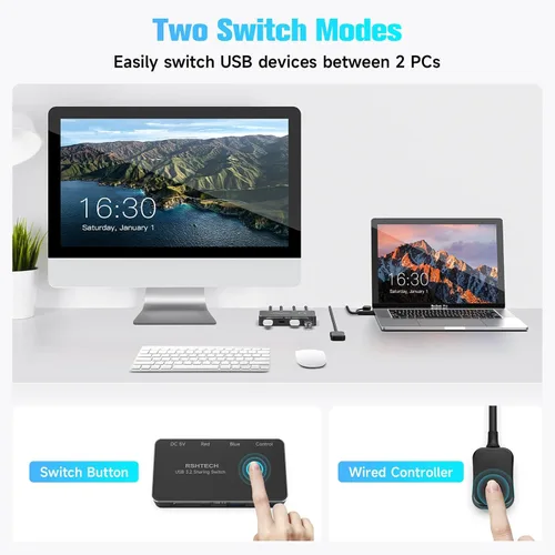 Vista 5 de RSHTECH USB 3.2/USB C Switch 10Gbps 2 ordenadores comparten 4 dispositivos, RSH-A201C Negro