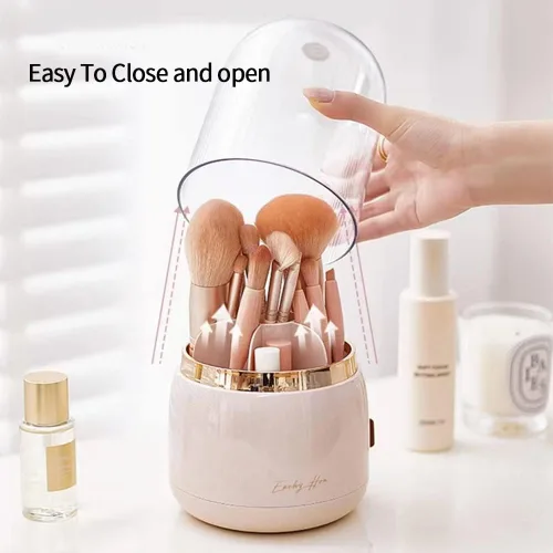 Vista 4 de Organizador de brochas de maquillaje rosa con tapa giratoria de 360 grados [2023] Organizador de brochas de cosméticos transparente para tocador