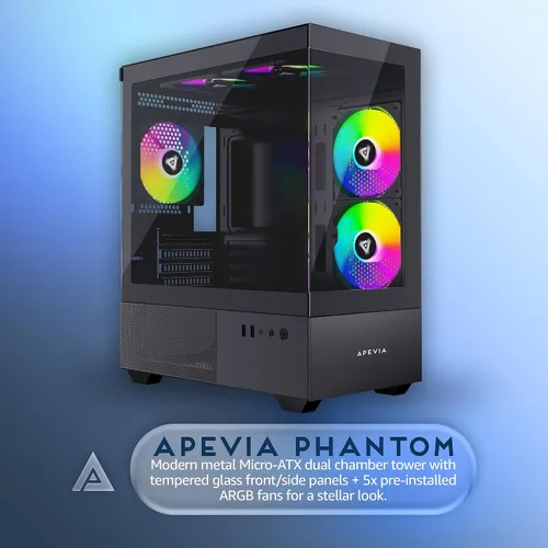 Vista 2 de Apevia Phantom-BK Phantom Micro-ATX Carcasa de PC de Juegos de Cámara Dual con 5X 120mm Ventiladores ARGB, 366 Modos RGB, Paneles de Vidrio Templado