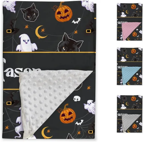 Vista 2 de Manta de Halloween personalizada, nombre personalizado con diseños de dibujos animados de Halloween, manta de franela de felpa suave con respaldo