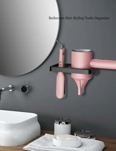 Vista 4 de Soporte de pared para secador de pelo y alisador, organizador de herramientas para el cabello 2 en 1, negro, plástico, redondo, temático espacial