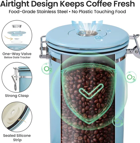 Vista 26 de Veken - Recipiente hermético para café de acero inoxidable, contenedor de almacenamiento de alimentos para la cocina con registro de fecha y cuchara