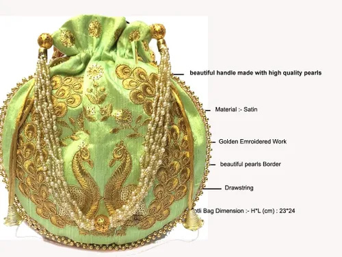 Vista 3 de Bolso Potli de seda bordado de diseñador étnico indio, bolso de mano con mango de perlas Batwa para mujer