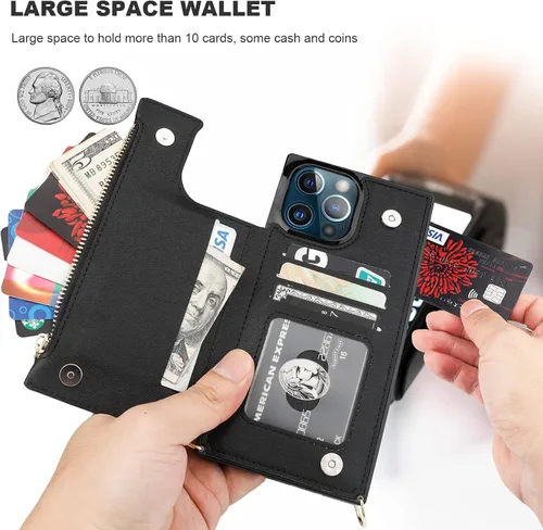 Vista 5 de Bocasal Funda tipo cartera cruzada para iPhone 13 Pro Max con soporte de ranura para tarjetas de bloqueo RFID, funda magnética con tapa, bolso