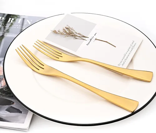 Vista 6 de Juego de cubiertos de 24 piezas, espejo de acero inoxidable 18/10, servicio de vajilla de lujo para 4, cuchillo de carne, postre, accesorios para Oro