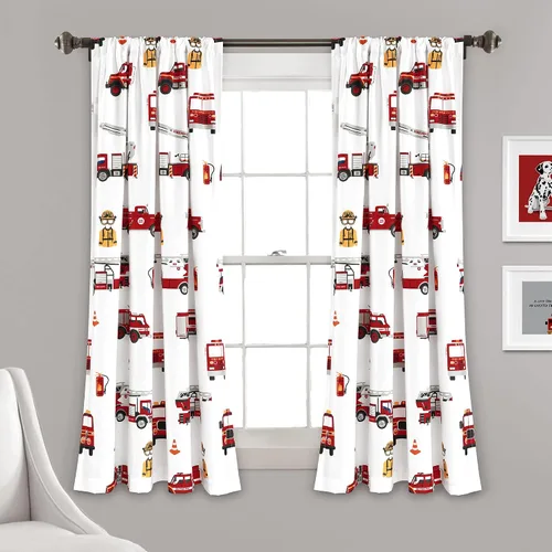 Vista 8 de Lush Decor Panel de cortina para ventana de camión de bomberos, par, 52 pulgadas de ancho x 84 pulgadas de largo, rojo y gris - Cortinas