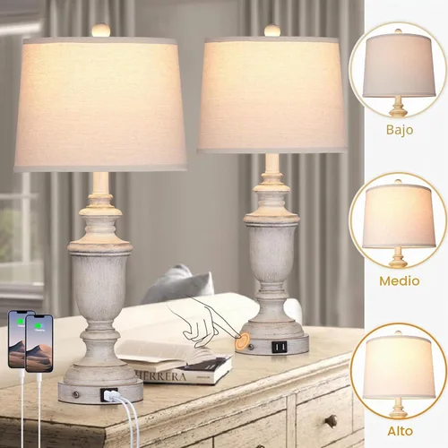 Vista 2 de Cinkeda Juego de 2 lámparas de mesa de granja con puerto de carga USB para sala de estar rústica y dormitorio retro, lámpara táctil regulable de 3
