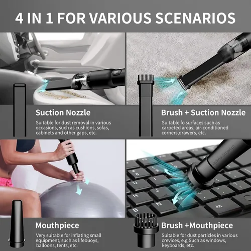 Vista 4 de Aspiradora de mano para automóvil, inalámbrica portátil de 20 KPA, potente succión con luz LED, inflador de aire 2 en 1, mini recargable de bajo