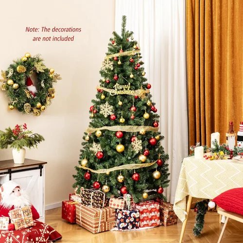 Vista 7 de DORTALA Árbol de Navidad artificial verde preiluminado de 7 pies, con bisagras, con 250 luces LED blancas cálidas, 8 modos de iluminación, 830