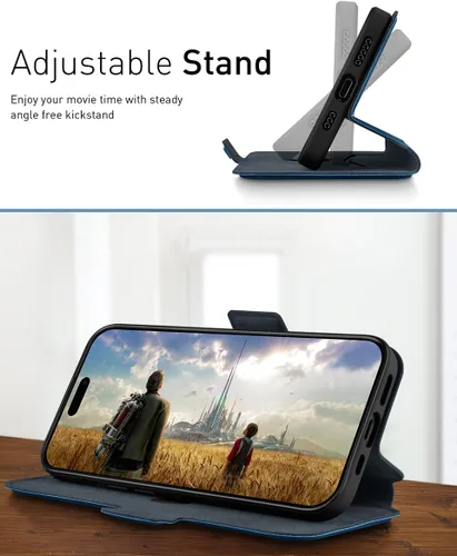 Vista 5 de OCASE Funda tipo cartera para iPhone 15, funda delgada de piel sintética, ranuras para tarjetas, bloqueo RFID, soporte de soporte, funda de teléfono
