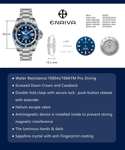 Vista 7 de ENRIVA 1000 Meter Men's Automatic Pro Dive Mens Watch Diving Watches Self-Wind Professional Diver Watches for Men Azul
