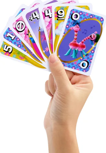 Vista 2 de Mattel Games UNO Trolls 3: Juego de cartas Band Together para niños, adultos y noche de juegos con personajes de Trolls y regla especial