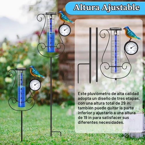 Vista 4 de Pluviómetro para exterior, pluviómetro digital de gran tamaño y color con colibrí metálico y termómetro & higrómetro, altura ajustable, gran
