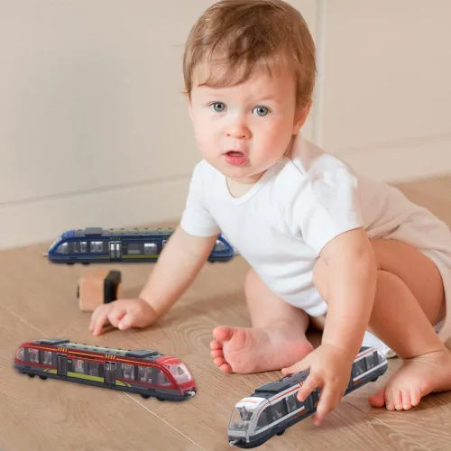 Vista 6 de Crelloci Juego de 3 trenes bala, tren de juguete de alta velocidad vinculado Lotomotora, modelo de automóvil de aleación fundida, metro deslizante