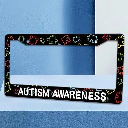 Vista 2 de Marco de matrícula de concientización sobre el autismo, material de acero inoxidable, 6 x 12 pulgadas