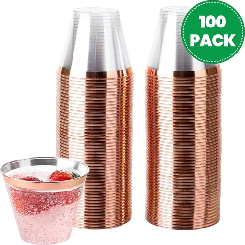 Vista 7 de PLASTICPRO Vasos desechables de plástico para fiestas, de 9 onzas, vasos de diseño antiguo, transparentes (transparente con borde de oro rosa, 100)