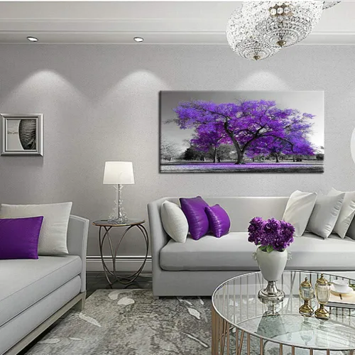 Vista 2 de KREATIVE ARTS Impresiones en lienzo con marco de árbol morado, arte de pared con paisaje de árbol grande, imagen contemporánea para decoración