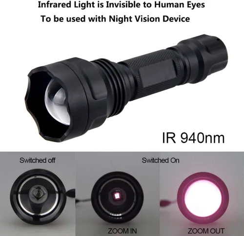 Vista 2 de Linterna infrarroja LED IR de 940 nm para alcance de visión nocturna, enfoque ajustable, zoomable, linternas impermeables con interruptor de presión