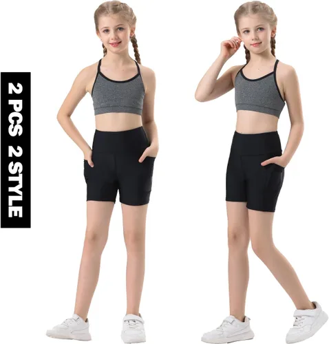 Vista 2 de Yilisha Paquete de 2 pantalones cortos deportivos para niñas de 4 pulgadas, pantalones cortos de voleibol para bicicleta, pantalones cortos