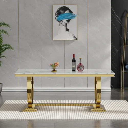 Vista 7 de HomVent Juego de mesa de comedor moderna de mármol sintético para 4 personas, mesa de cocina rectangular con 4 sillas beige (dorado)