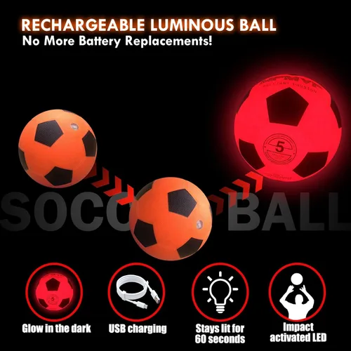 Vista 3 de Balón de fútbol que brilla en la oscuridad, resistente al agua, tamaño oficial 5, se ilumina con cada patada, incluye bomba, baterías manuales
