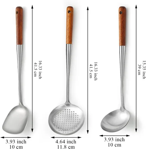Vista 2 de Evanda Juego de espátulas Wok de 17 pulgadas, herramientas de wok de acero inoxidable con mango de madera resistente al calor, cucharón, espátula