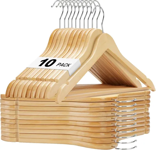 Vista 27 de HOUSE DAY - Paquete de 10 perchas de madera negra, percha de madera maciza con barra antideslizante para pantalones, percha de abrigo de madera