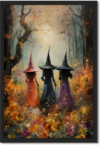 Vista 25 de Arte de pared vintage de Halloween embrujado de granja, parche de calabaza rústica con bonitos fantasmas, póster impreso en lienzo espeluznante