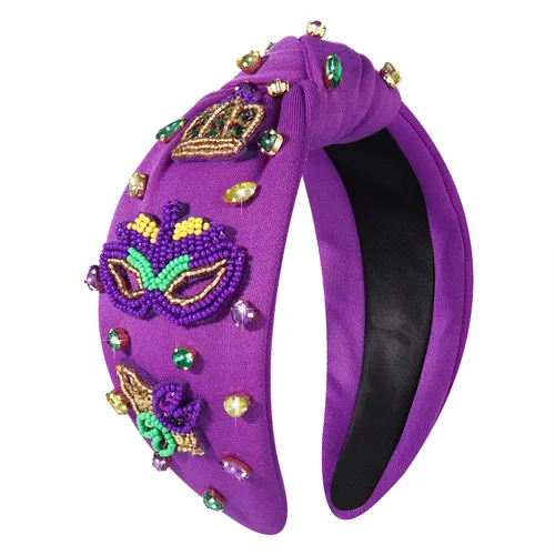 Vista 13 de Diadema de Mardi Gras para mujer, diadema de corona de flor de lis, diadema morada con diamantes de imitación y nudo superior, accesorios